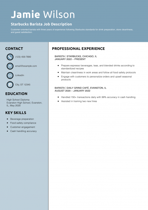 Starbucks Barista Job Description Resume Example