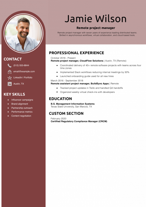 Remote project manager resume