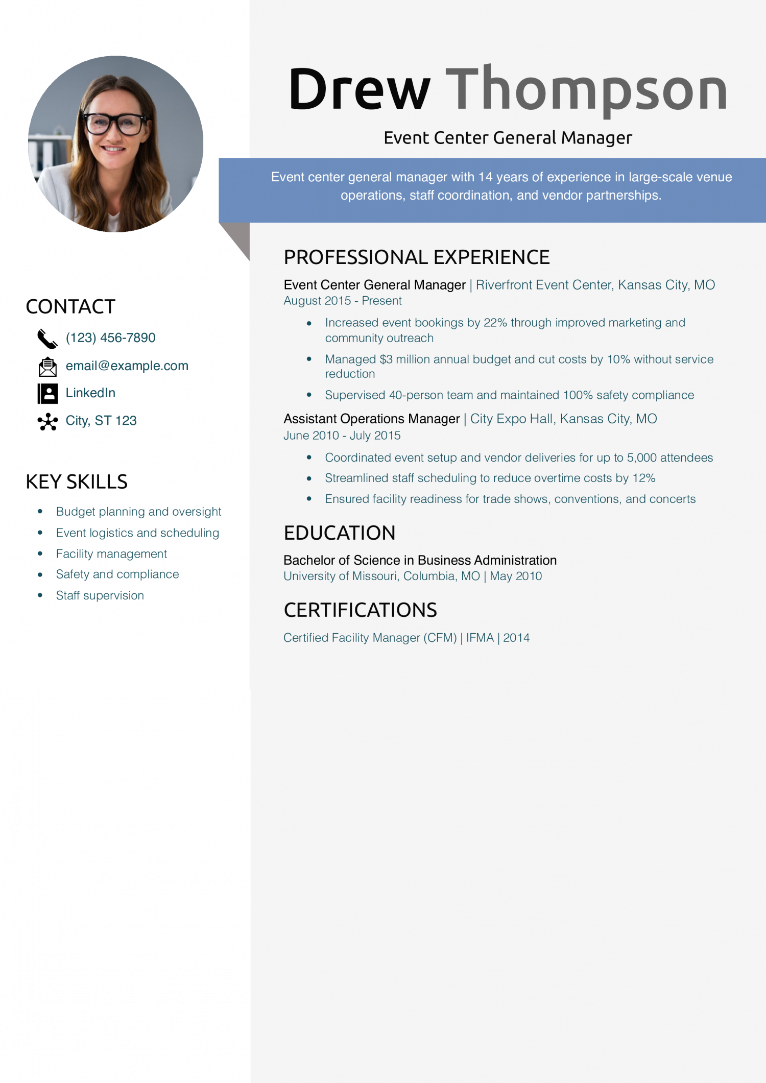 Event Center General Manager Resume Example