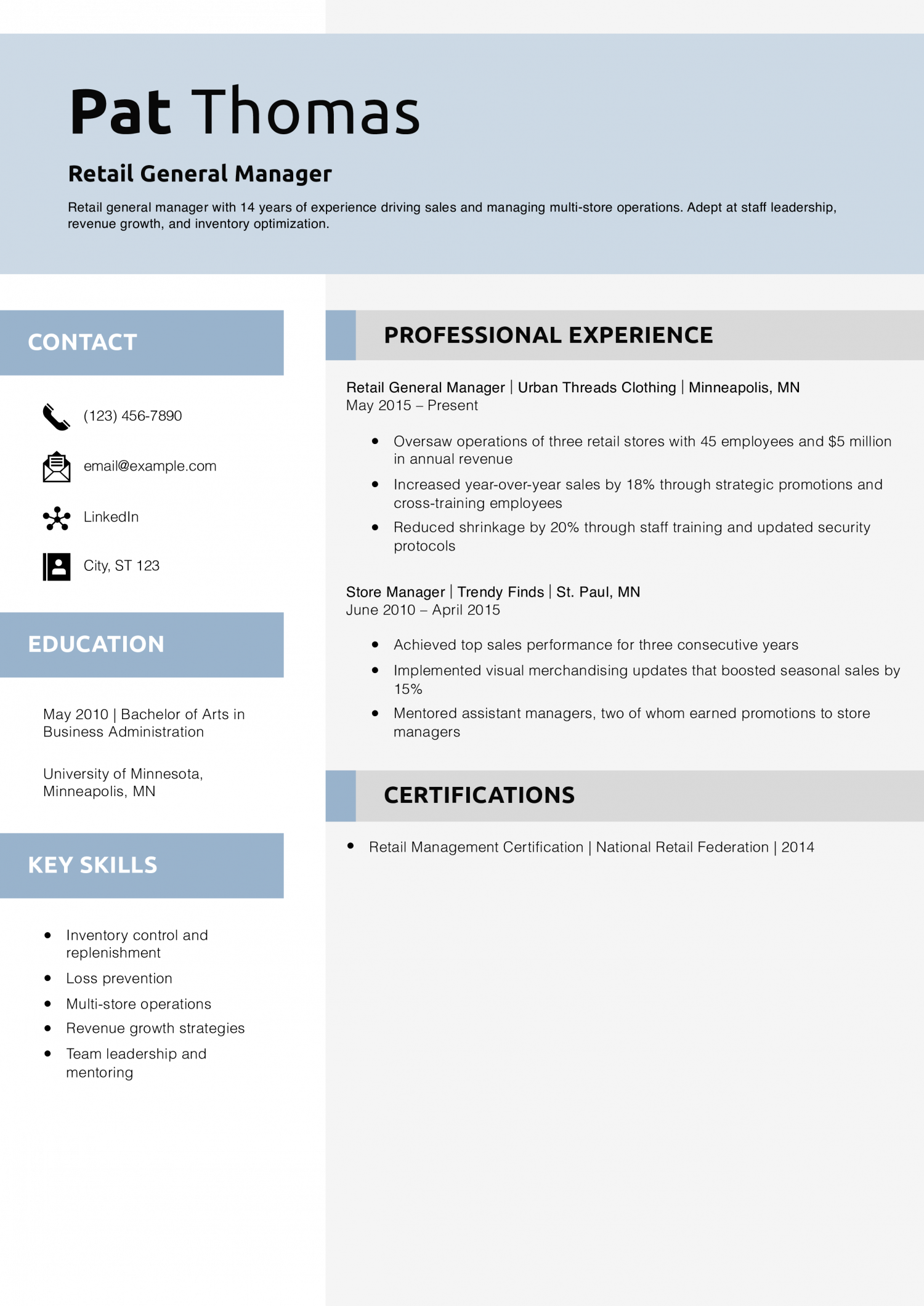 Retail General Manager Resume Example