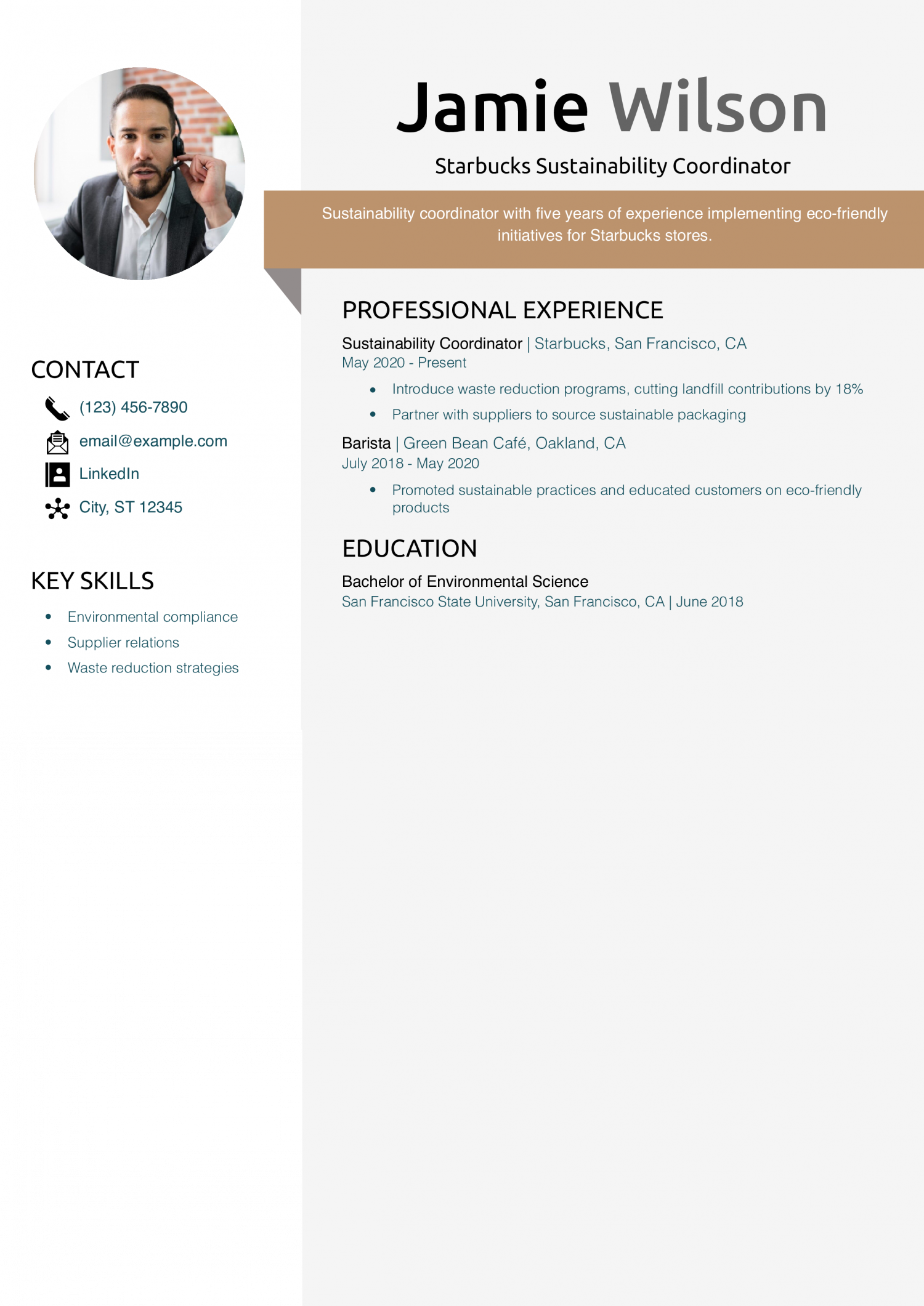 Starbucks Sustainability Coordinator Resume Example