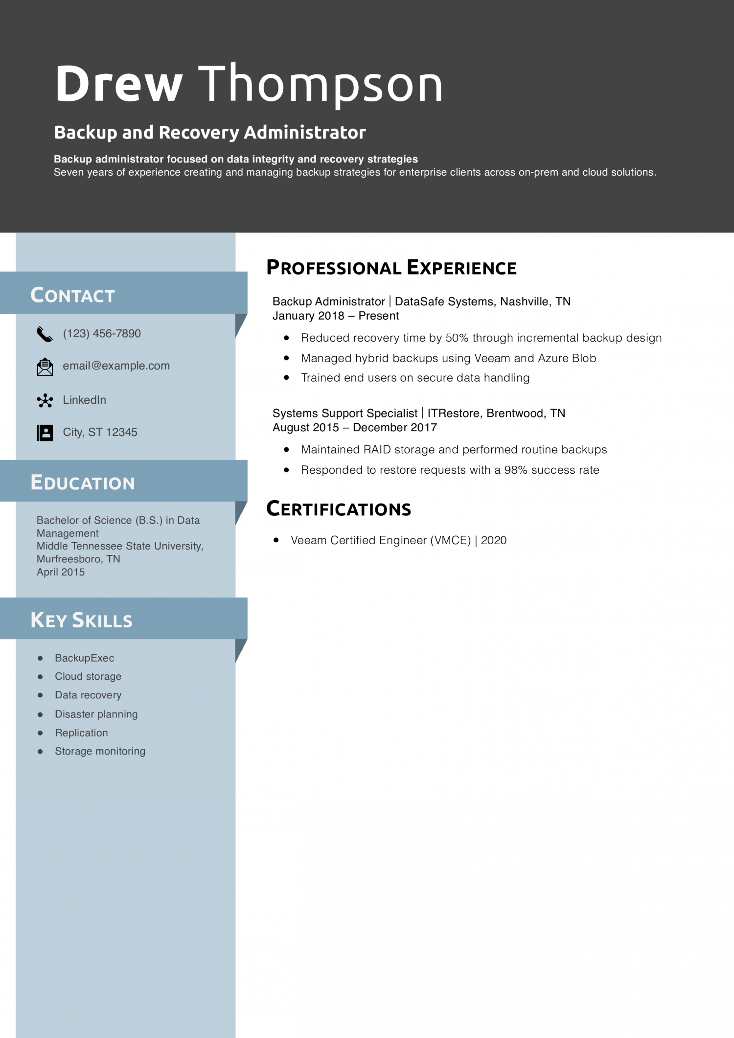 Backup and Recovery Administrator Resume Example