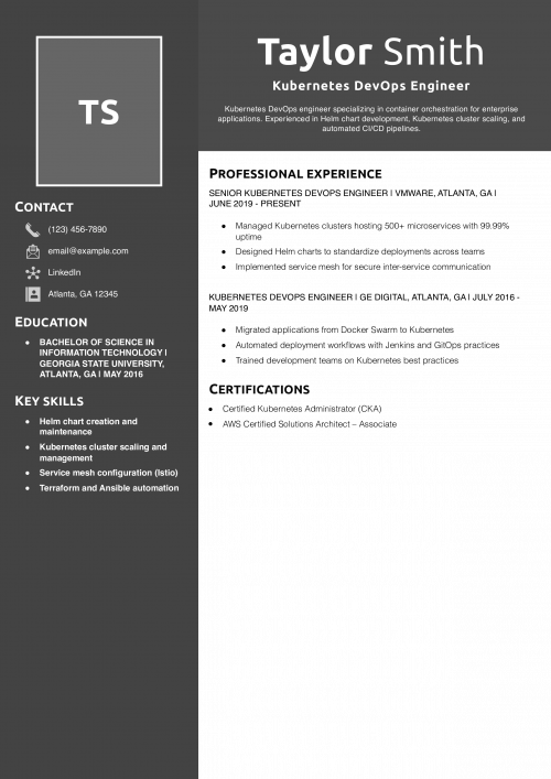 Kubernetes DevOps Engineer Resume Example