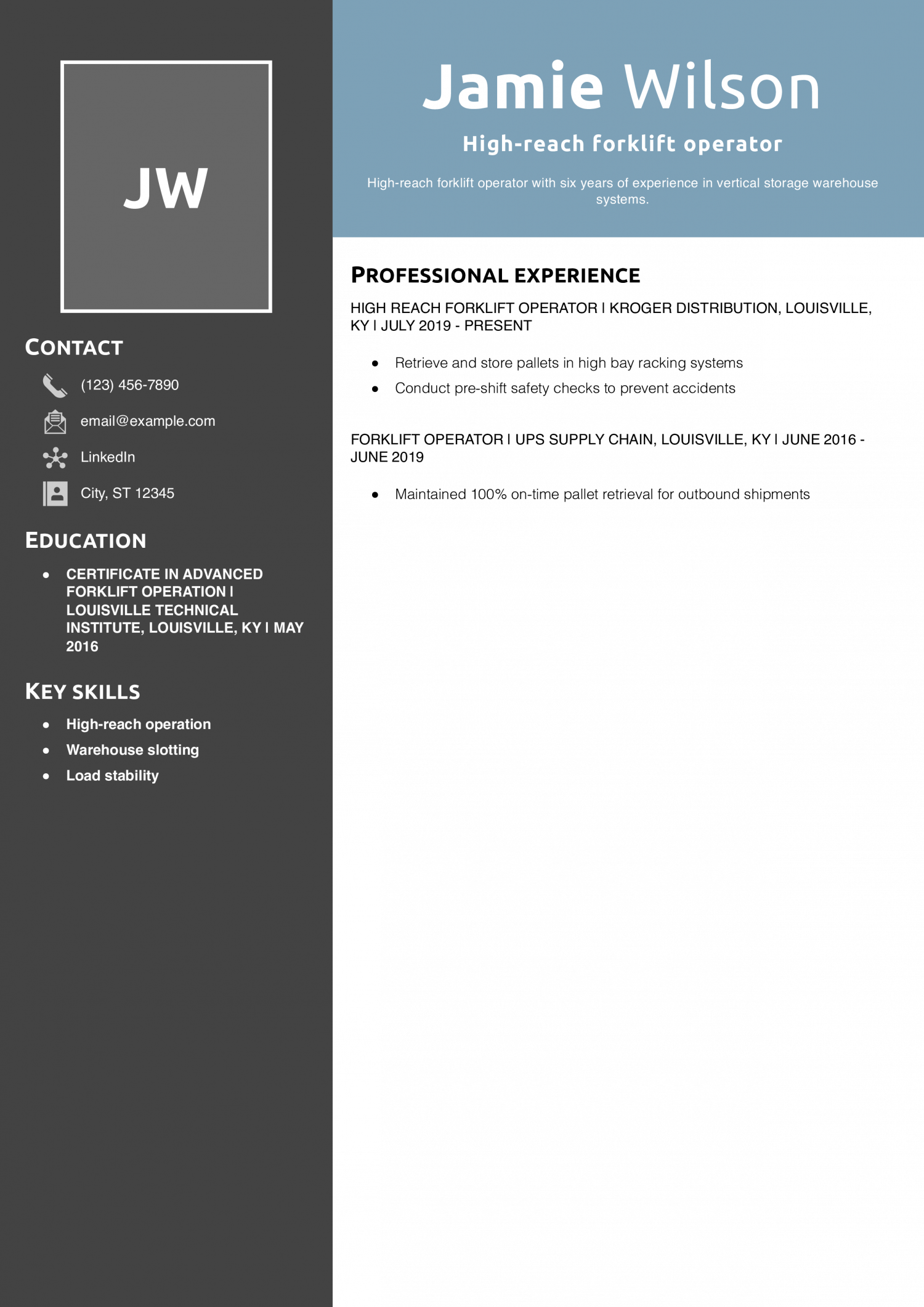 High-reach forklift operator resume example