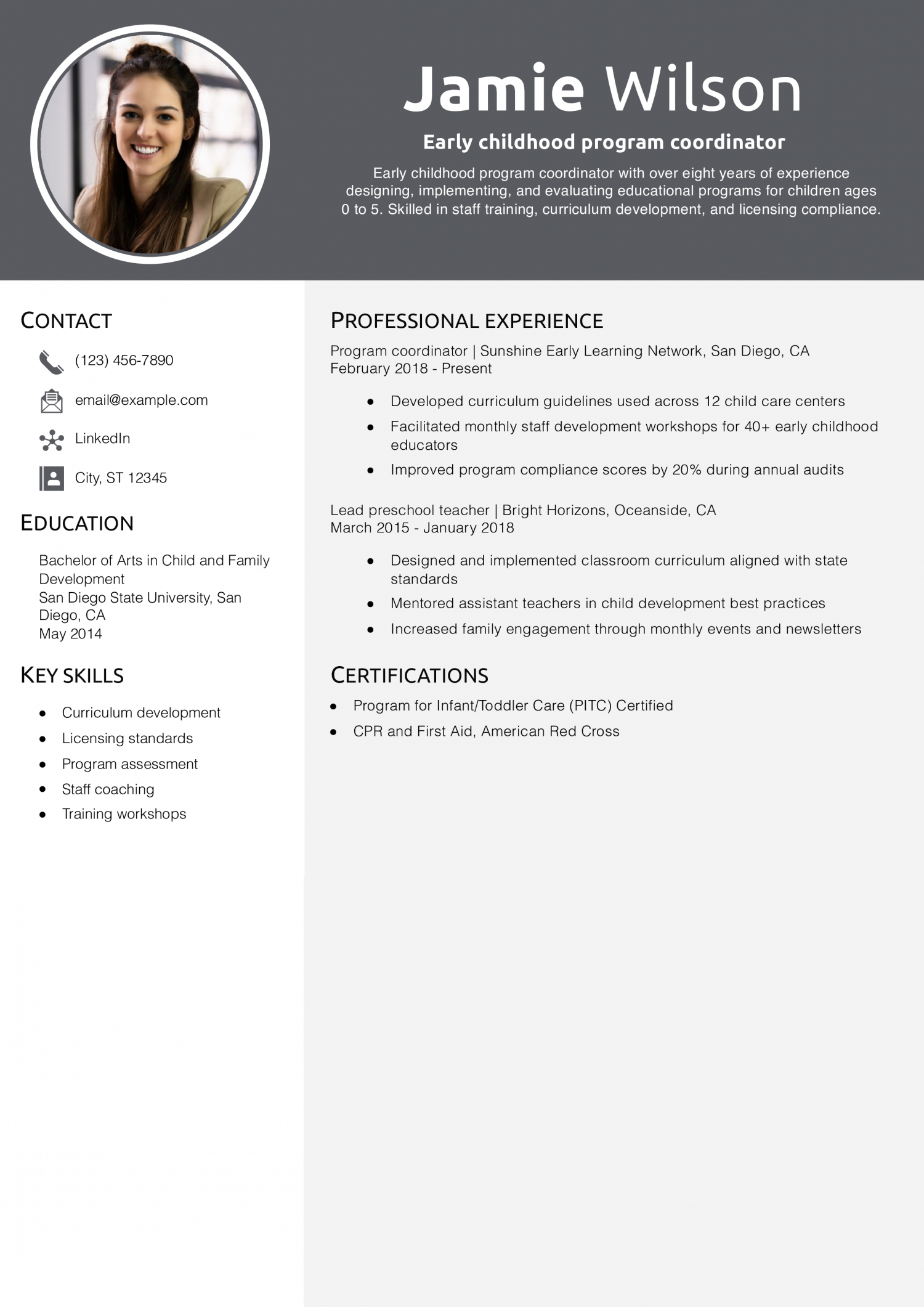 Early childhood program coordinator resume