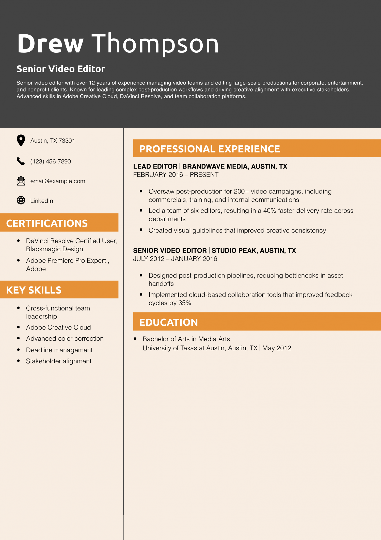 Senior Video Editor Resume Example
