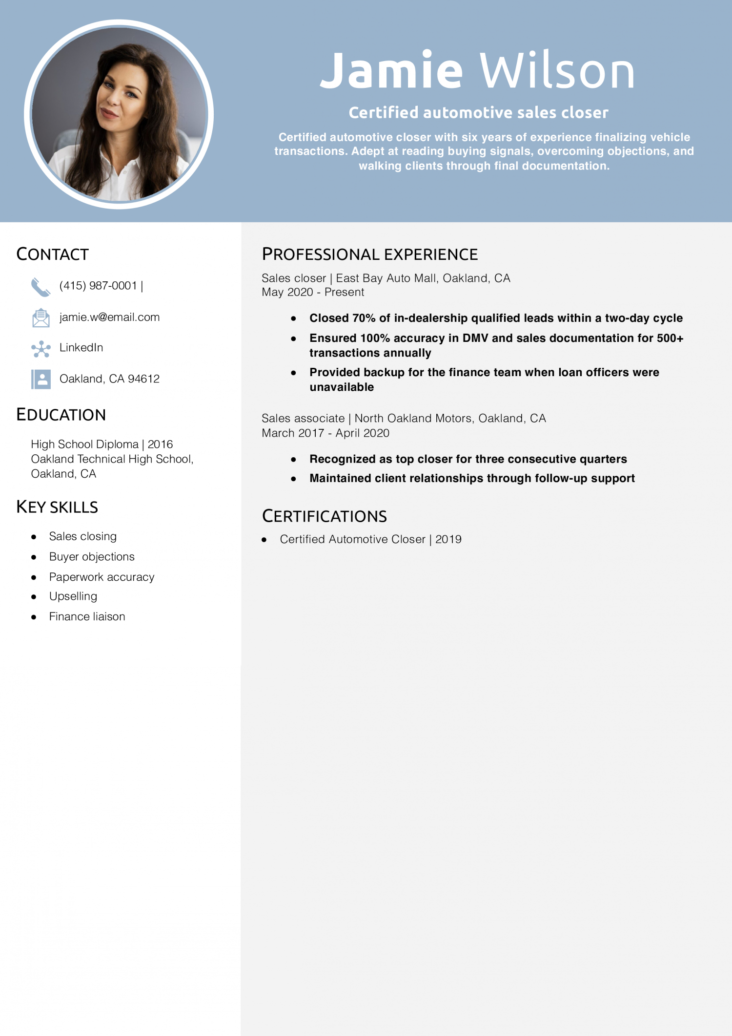 Certified automotive sales closer resume example