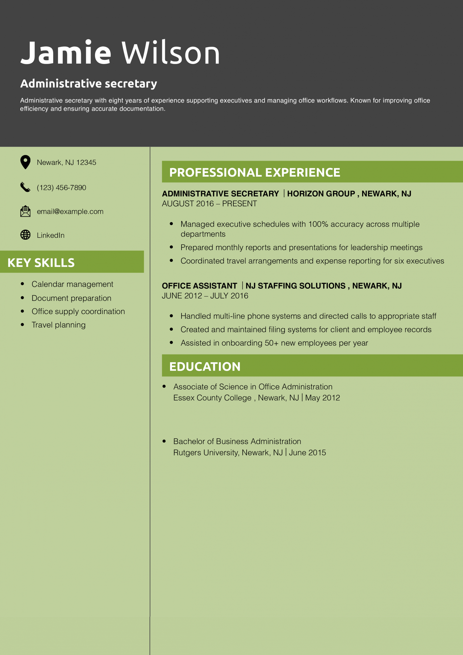 Administrative secretary resume example