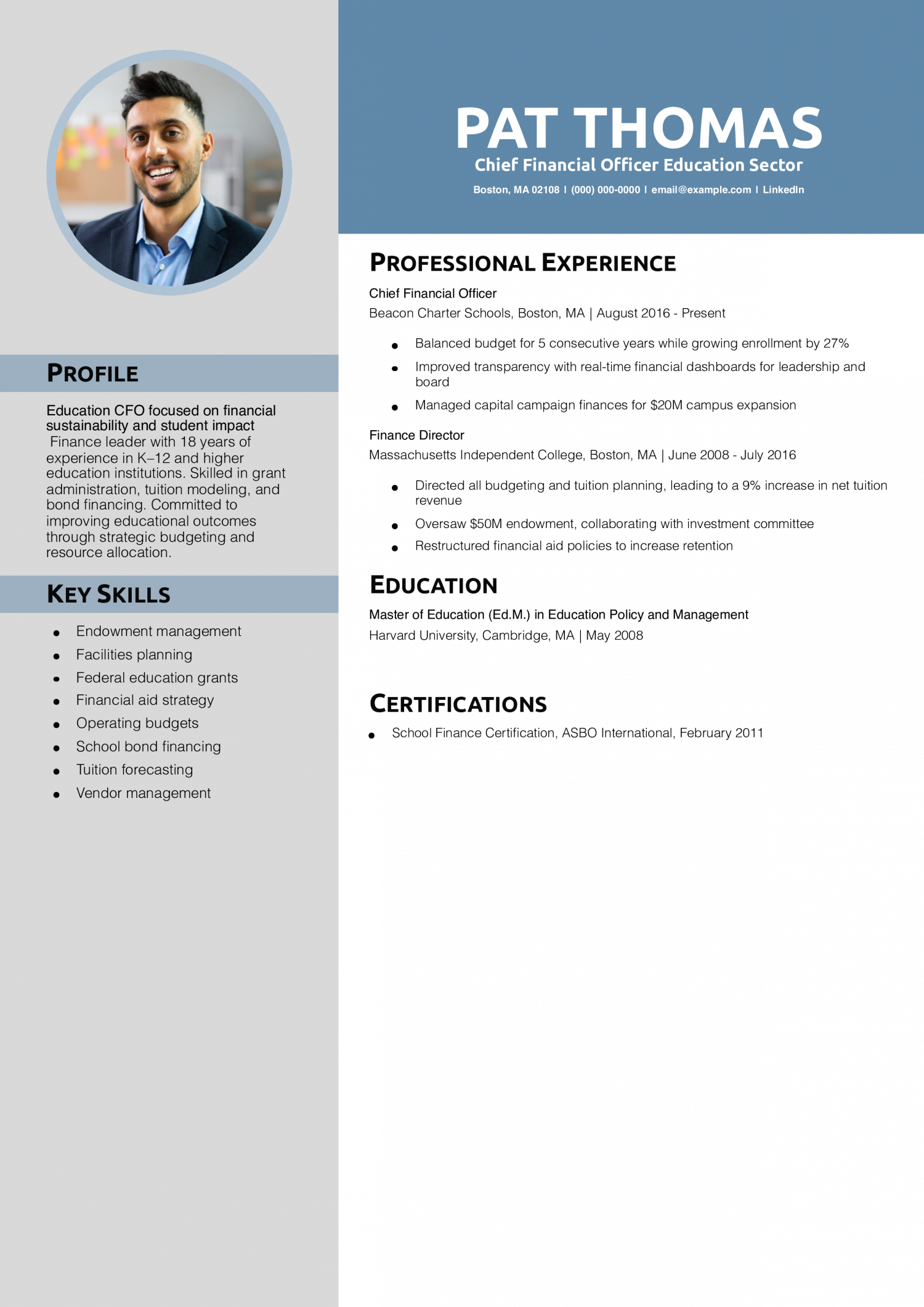 Chief Financial Officer Education Sector Resume