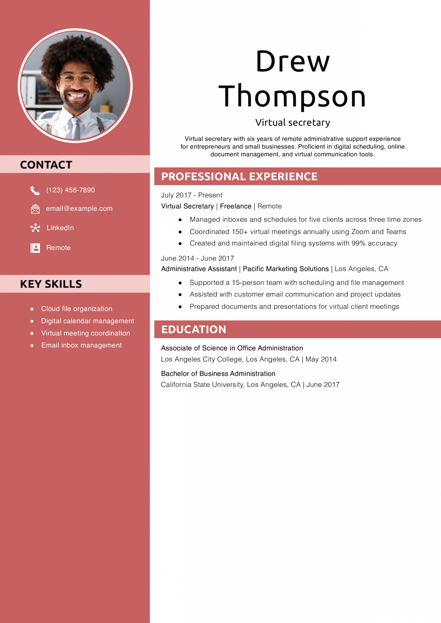 Virtual secretary resume example