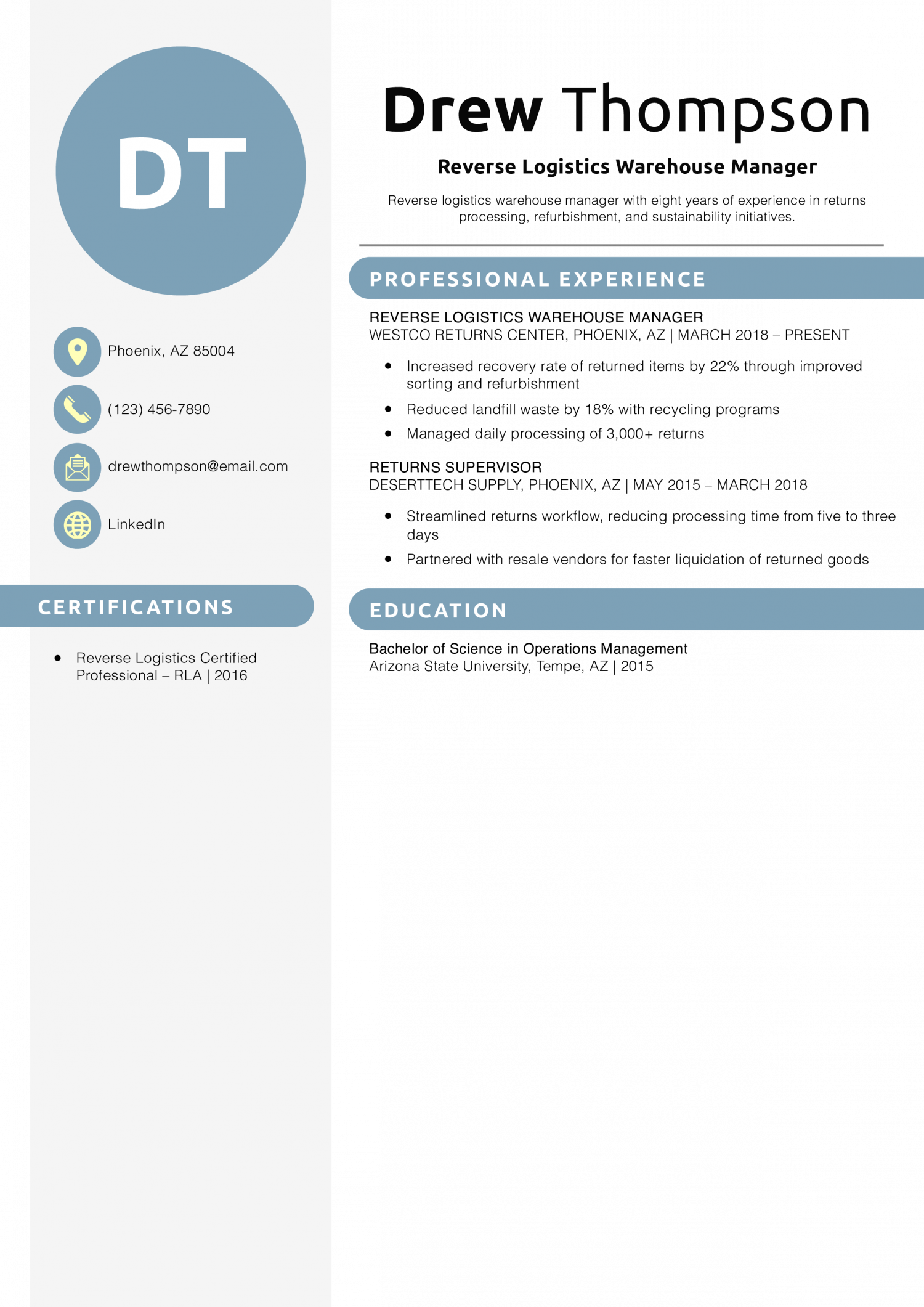 Reverse Logistics Warehouse Manager Resume Example