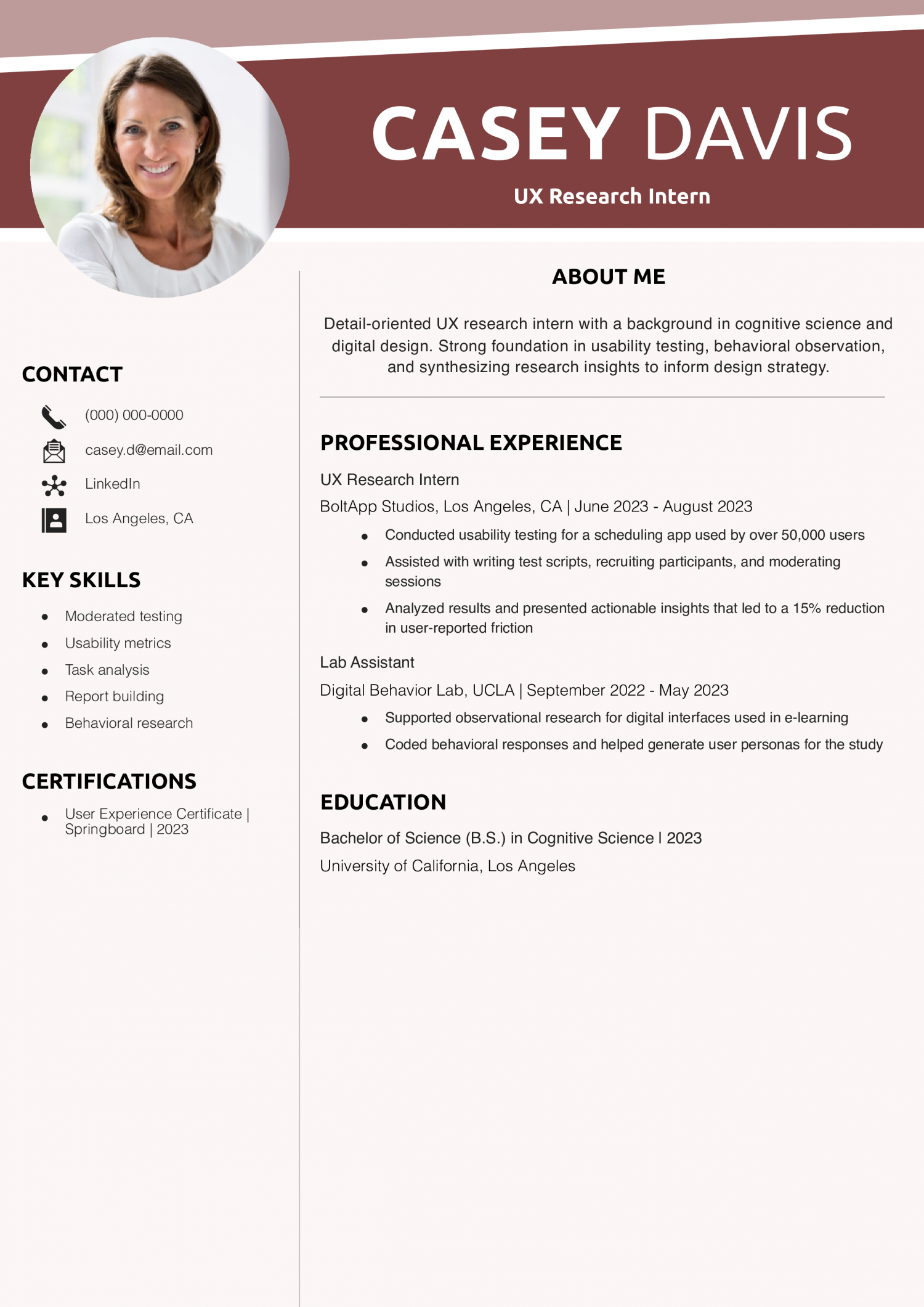 UX Research Intern Resume Example