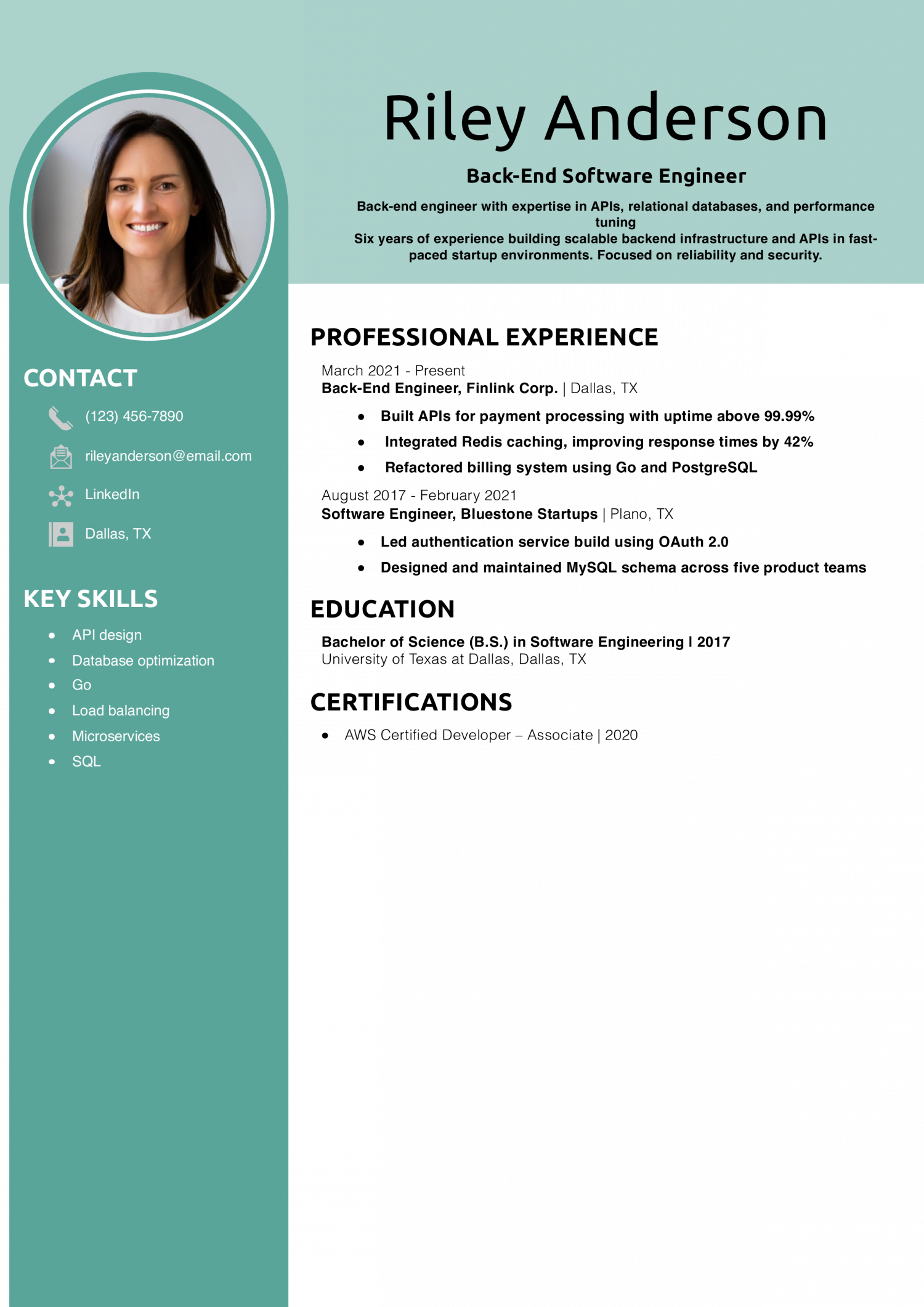 Back-End Software Engineer Resume Example