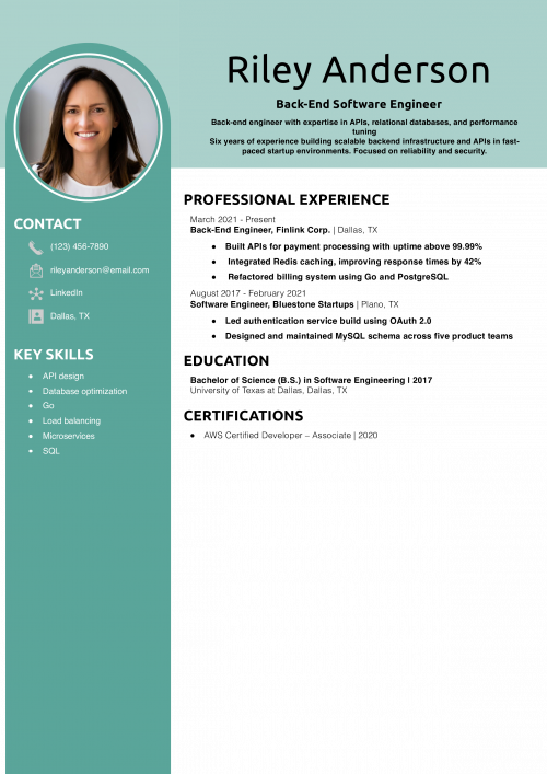 Back-End Software Engineer Resume Example