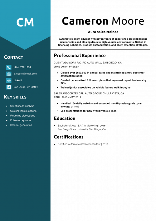 Automotive client advisor resume example
