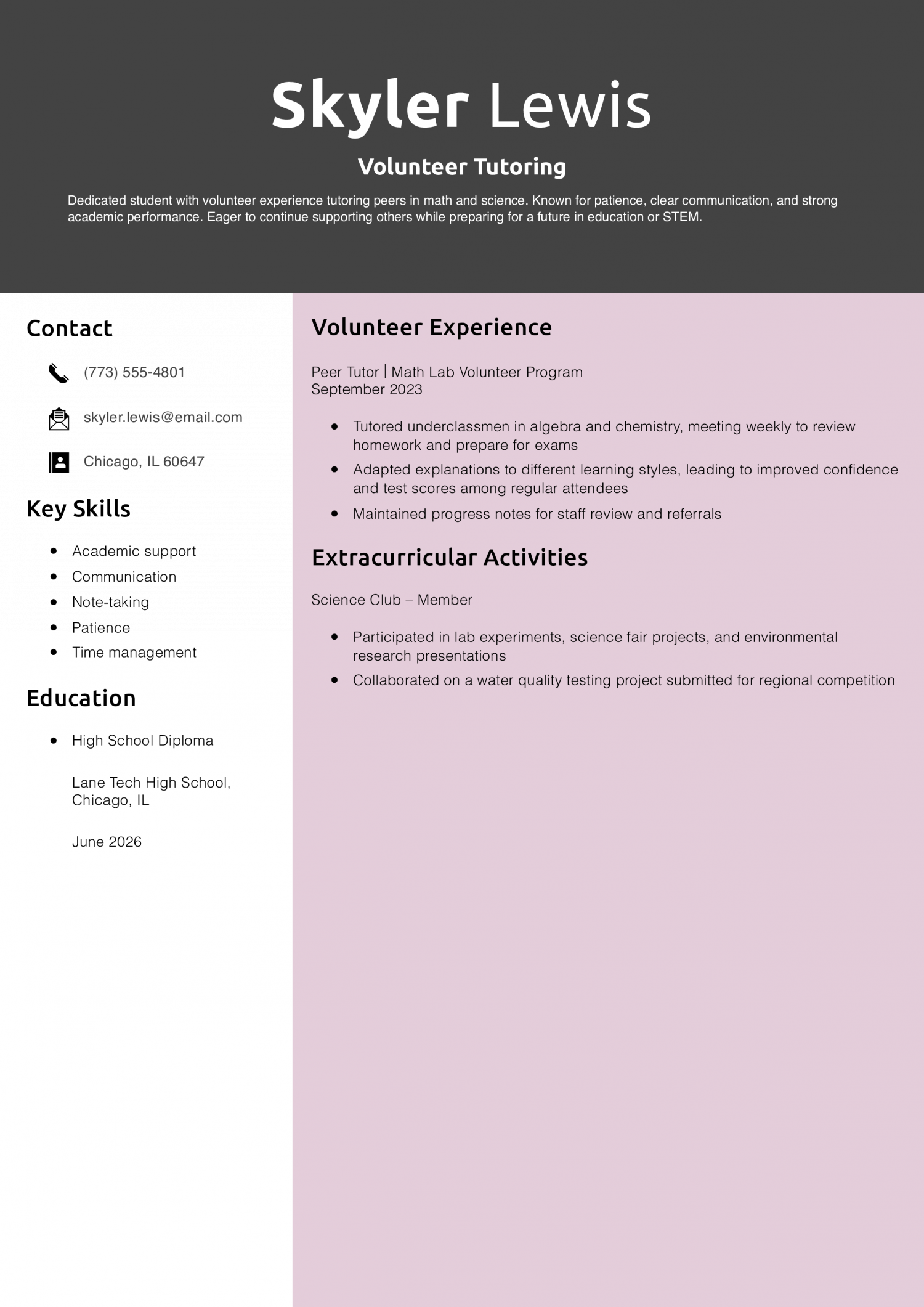 Teenager Resume Example – Volunteer Tutoring