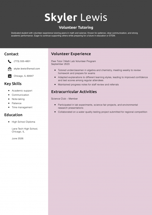Teenager Resume Example – Volunteer Tutoring
