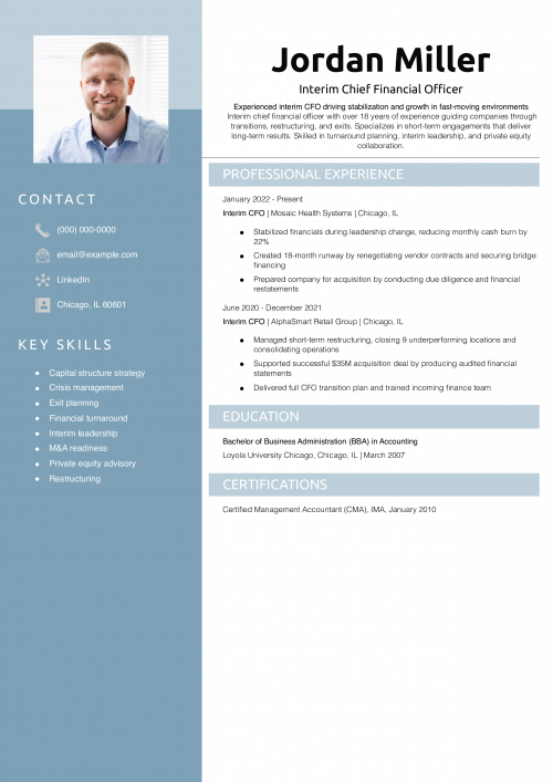 Interim Chief Financial Officer Resume