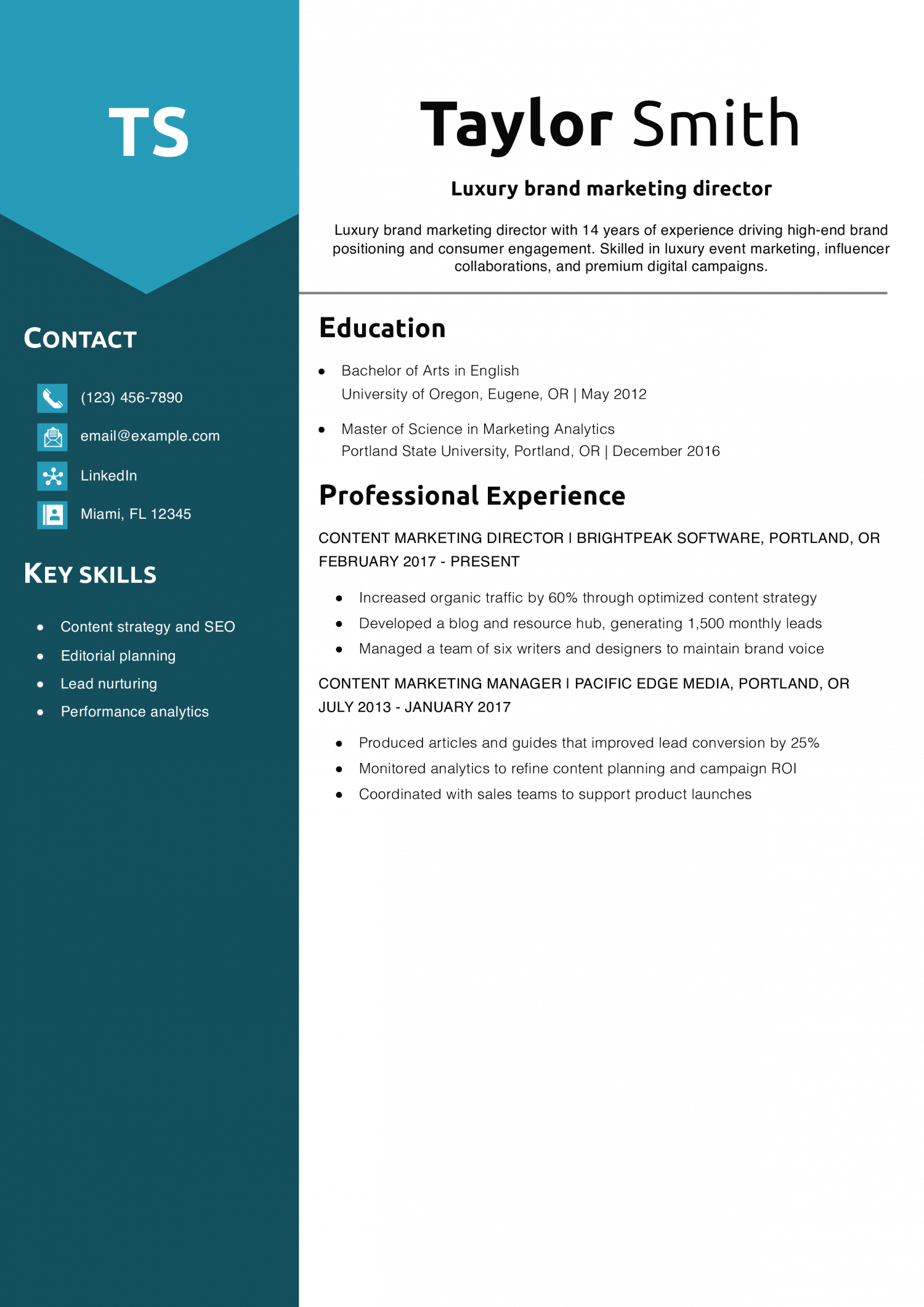 Luxury brand marketing director resume example