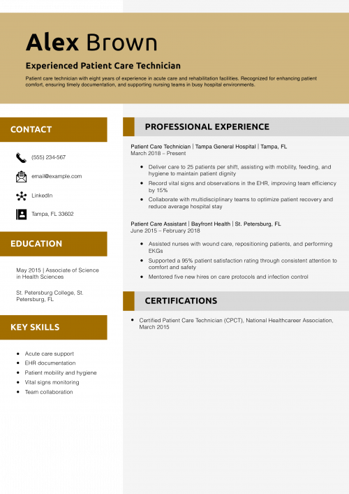 Experienced Patient Care Technician Resume Example