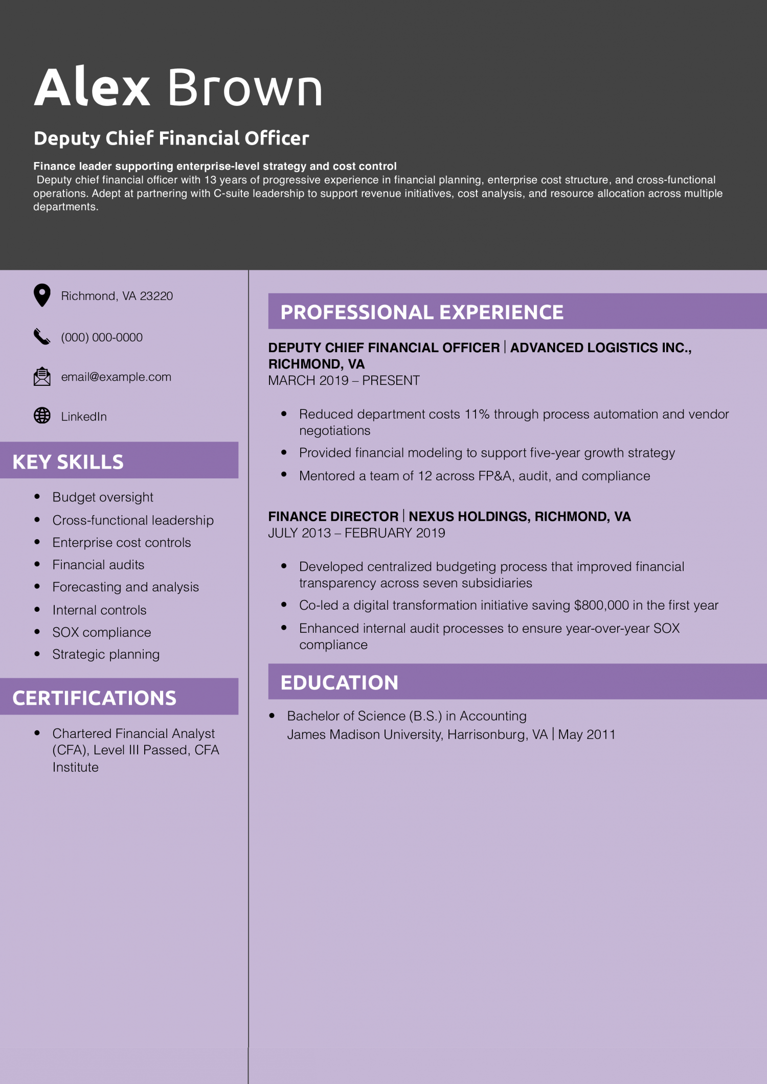 Deputy Chief Financial Officer Resume
