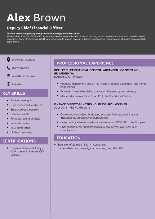 Deputy Chief Financial Officer Resume