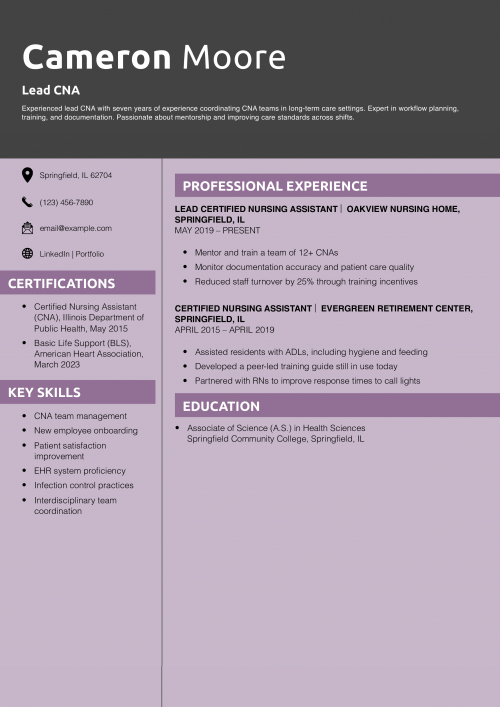 Lead CNA Resume Example