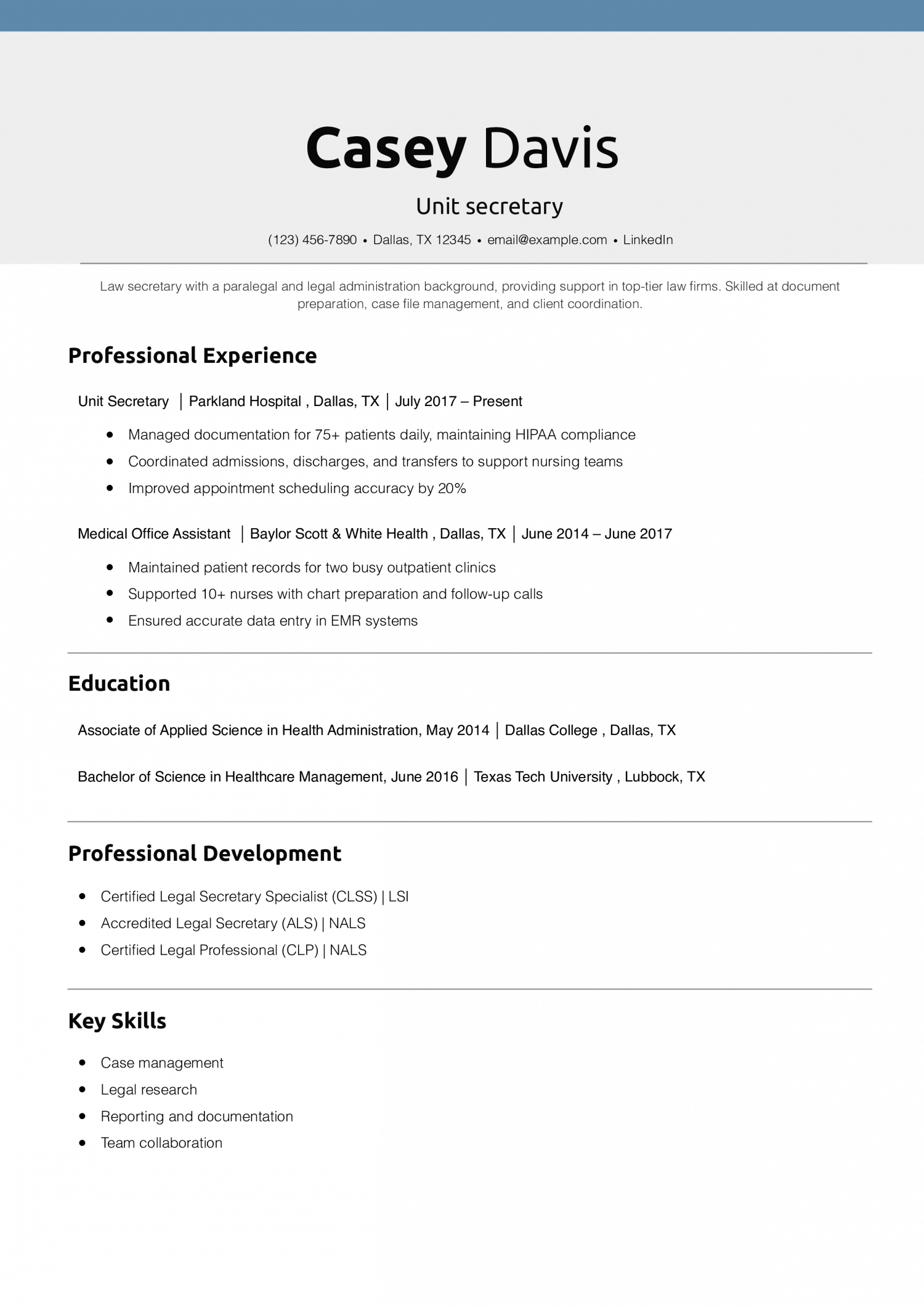Unit secretary resume example
