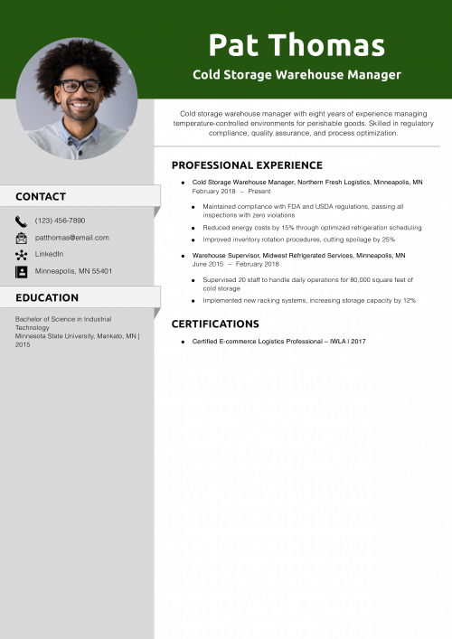 Cold Storage Warehouse Manager Resume Example