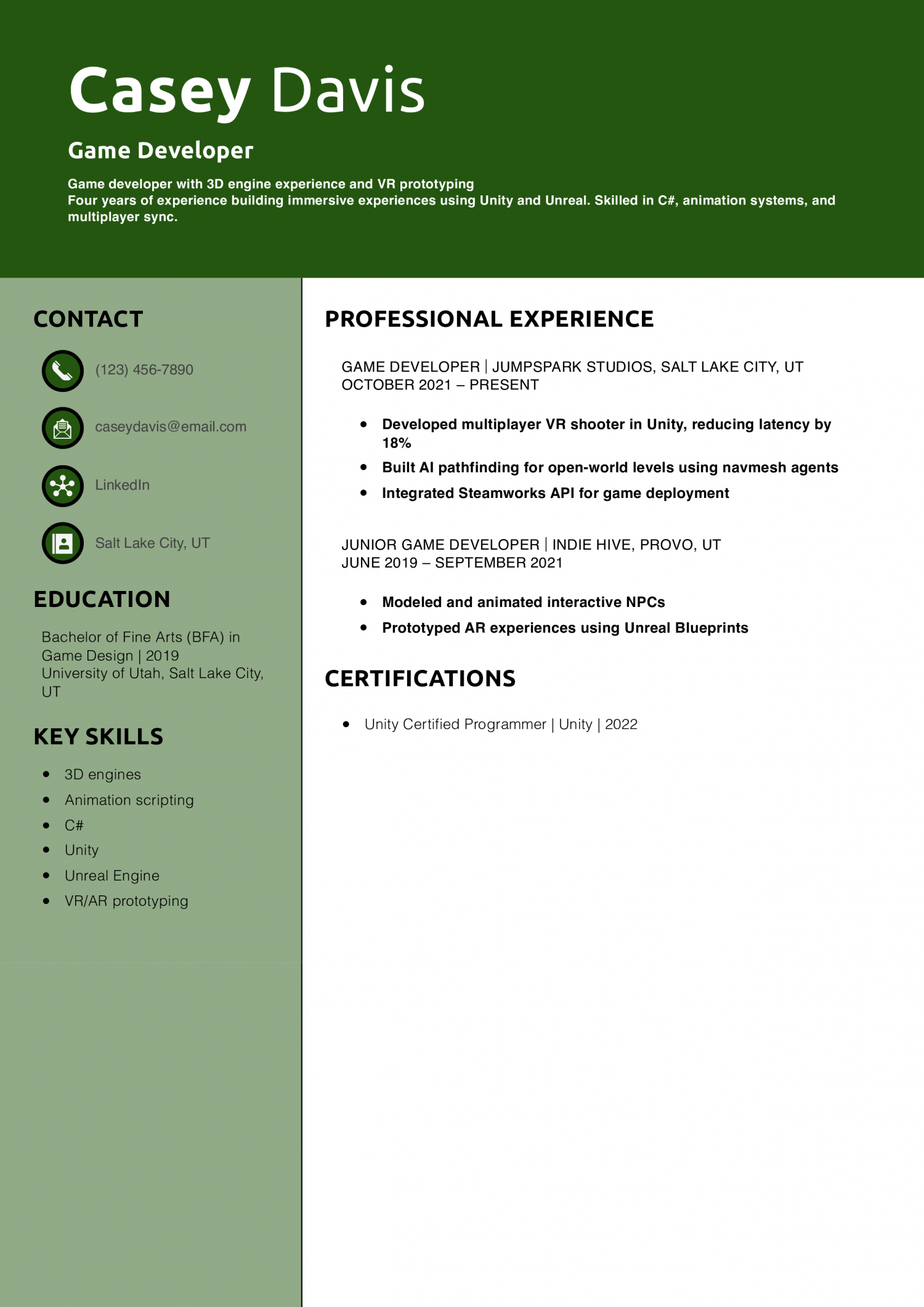 Game Developer Resume Example