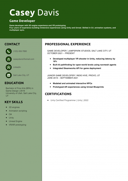 Game Developer Resume Example