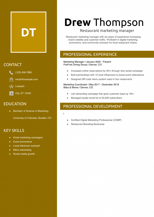 Restaurant marketing manager resume example