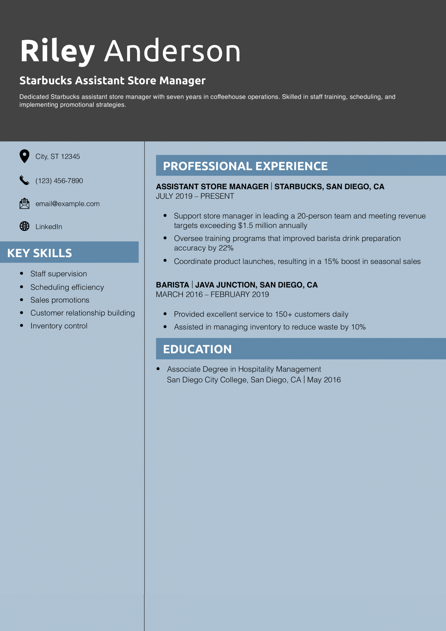 Starbucks Assistant Store Manager Resume Example