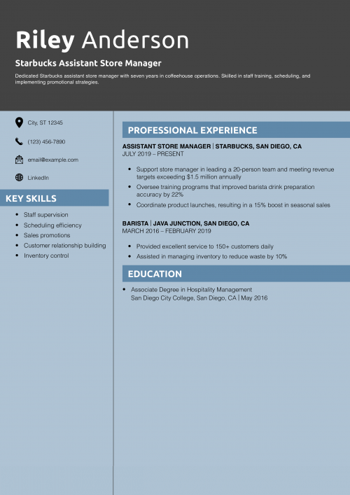 Starbucks Assistant Store Manager Resume Example