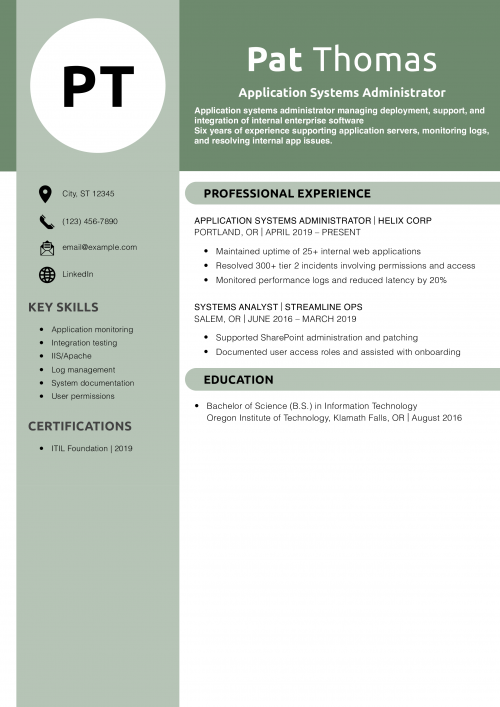 Application Systems Administrator Resume Example