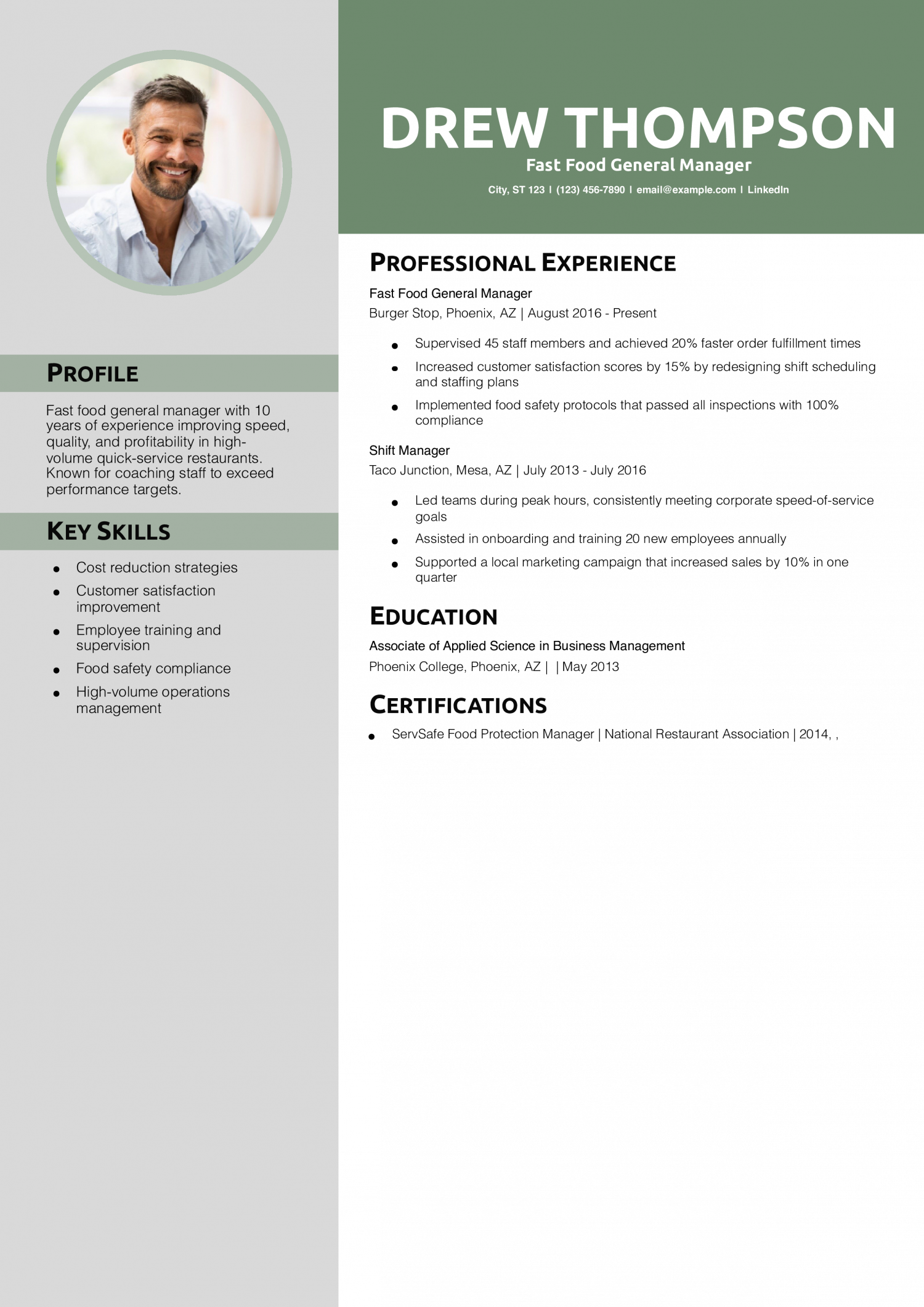 Fast Food General Manager Resume Example