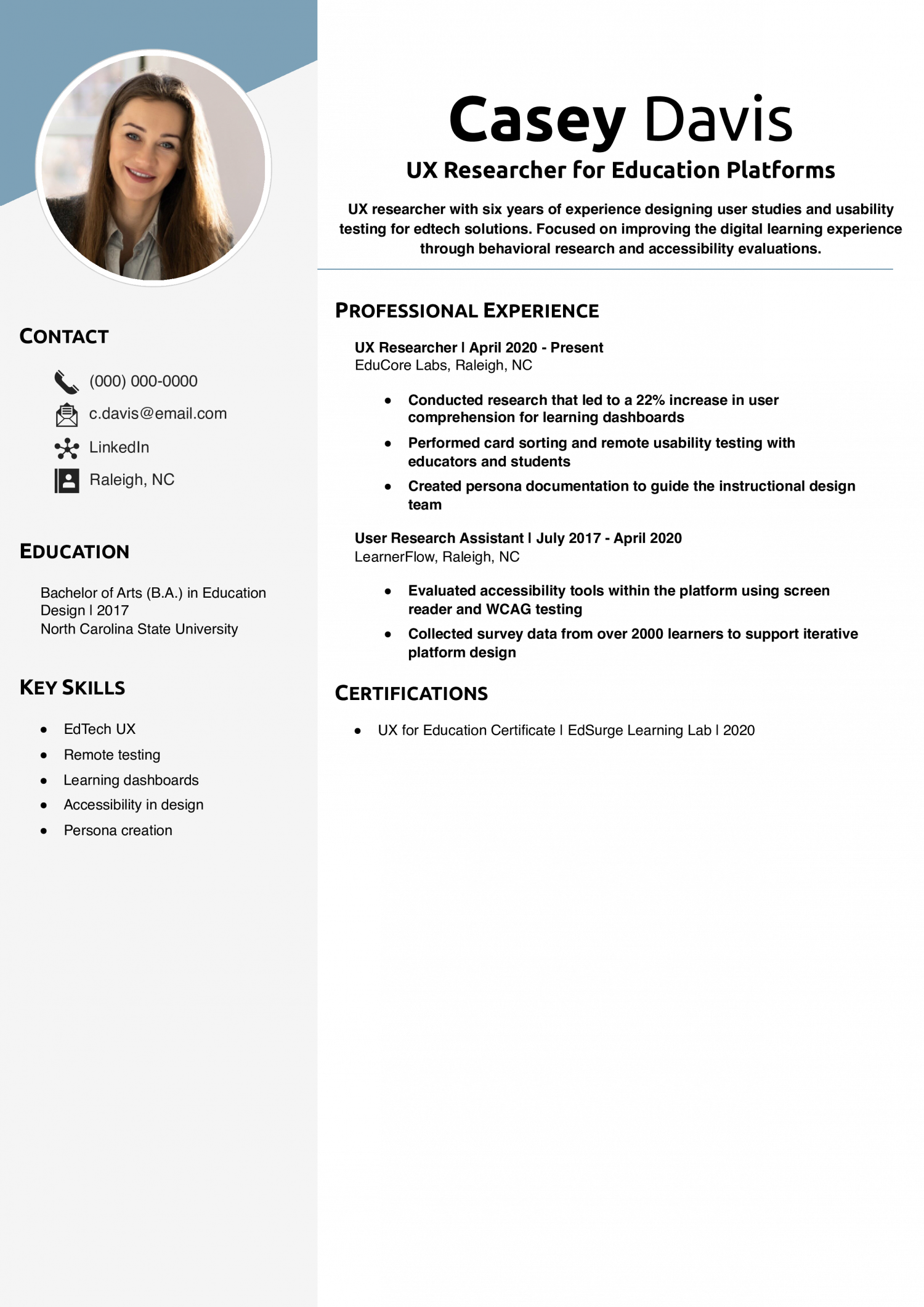 UX Researcher for Education Platforms Resume Example