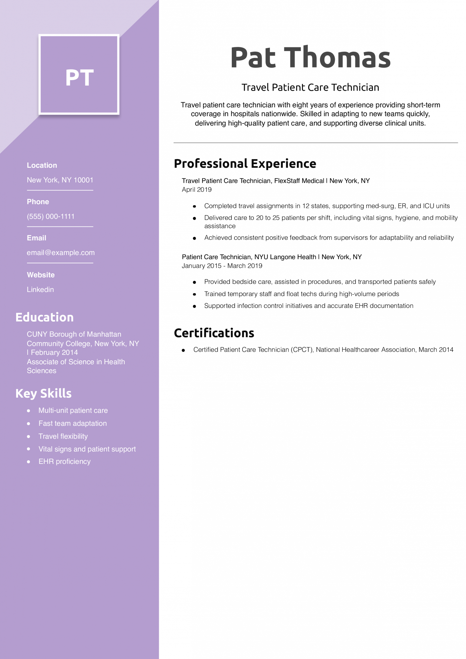 Travel Patient Care Technician Resume Example