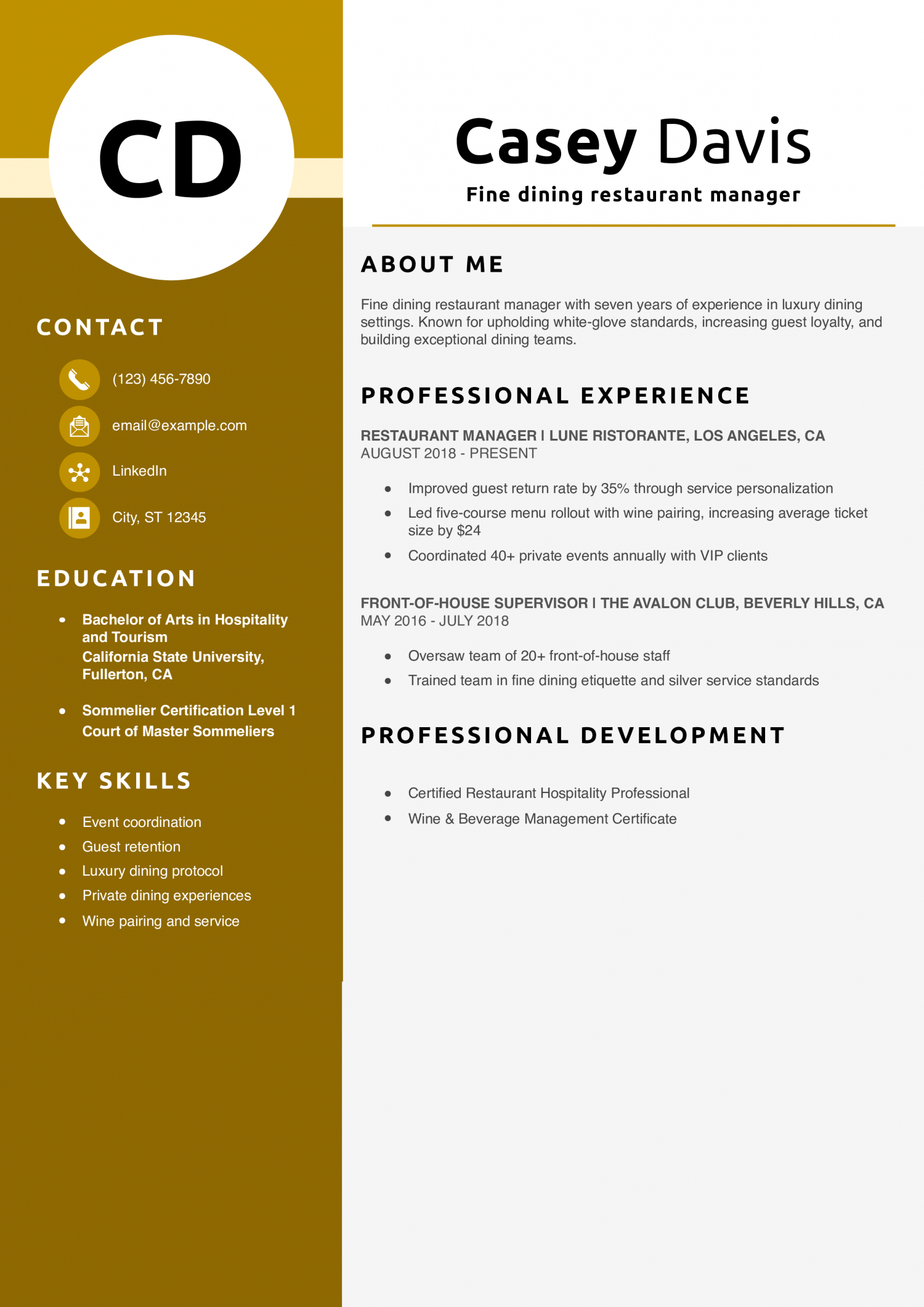Fine dining restaurant manager resume example