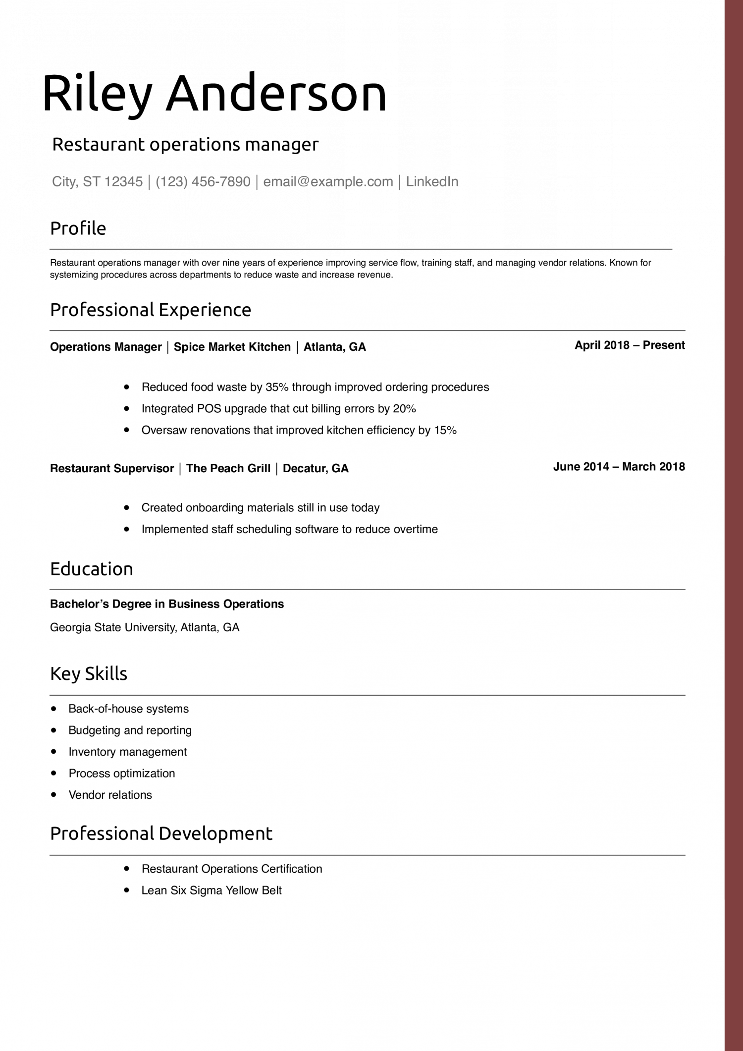 Restaurant operations manager resume example