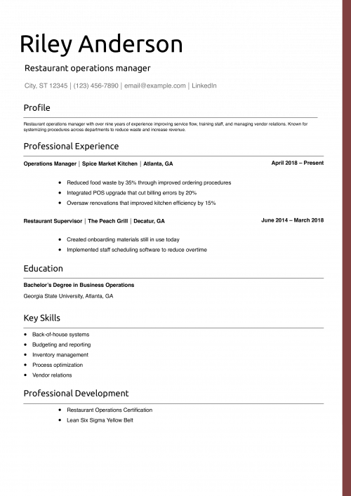 Restaurant operations manager resume example