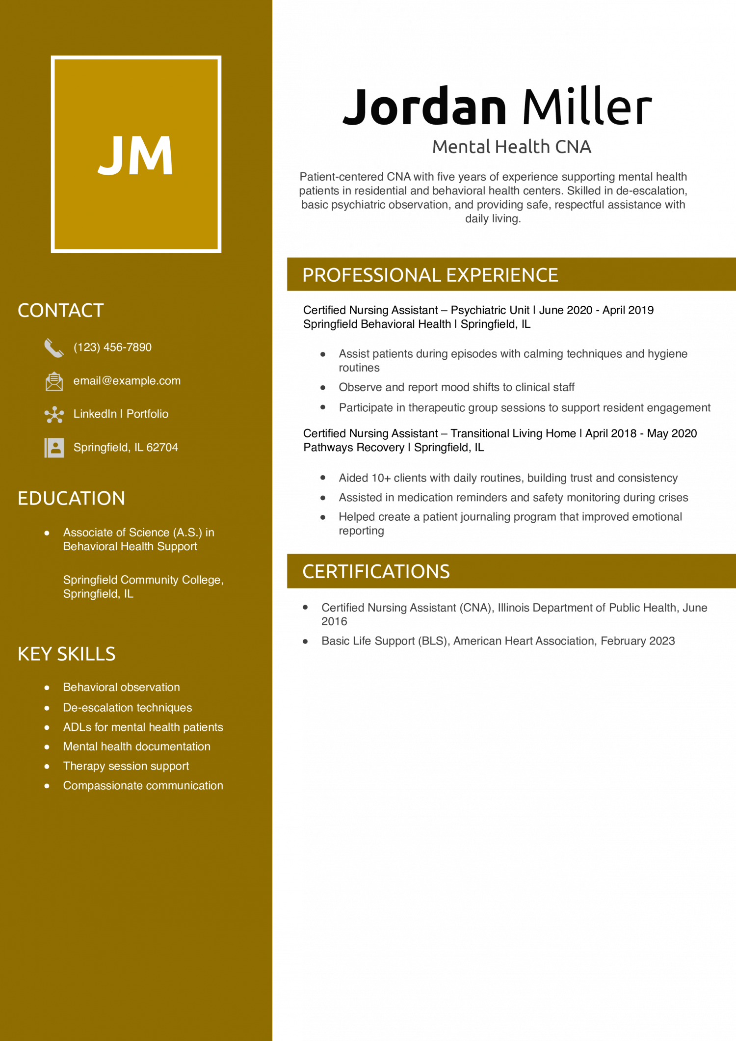 Mental Health CNA Resume Example