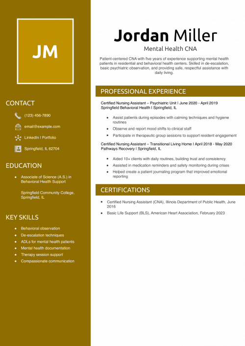 Mental Health CNA Resume Example