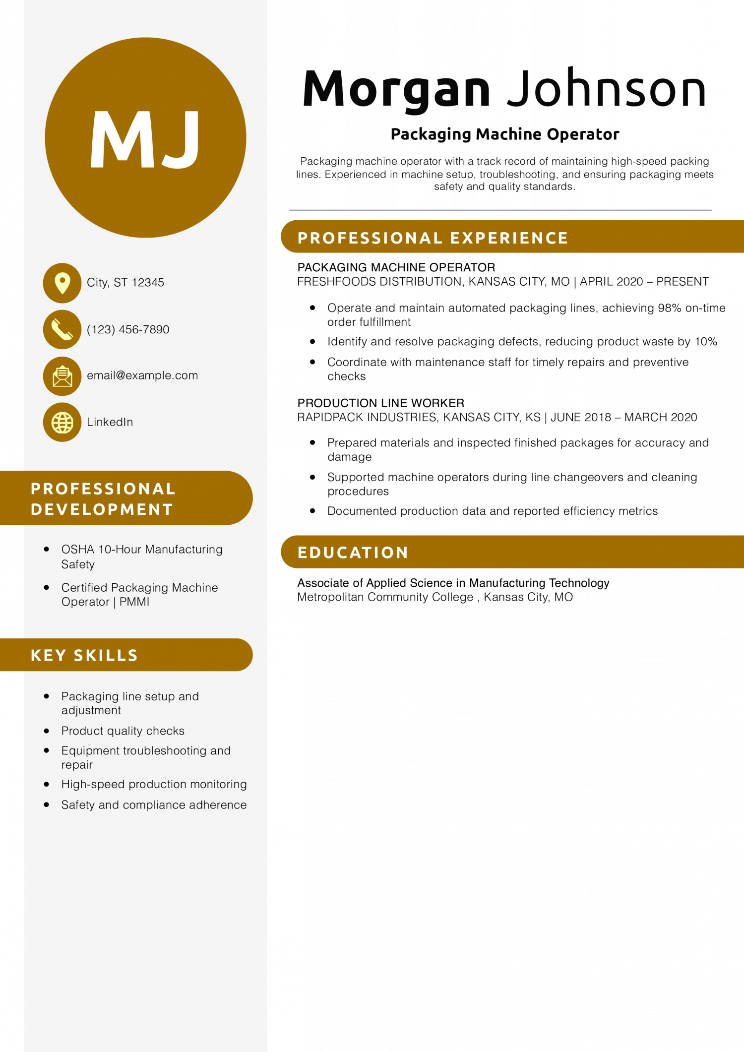 Packaging Machine Operator Resume Example