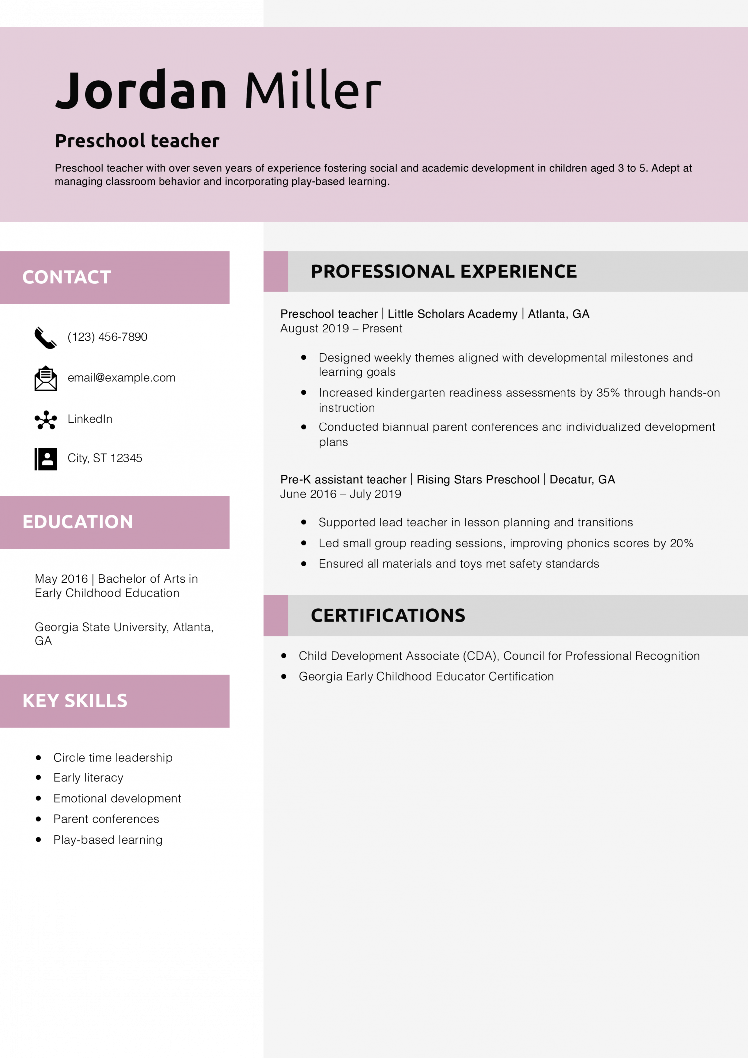 Preschool teacher resume