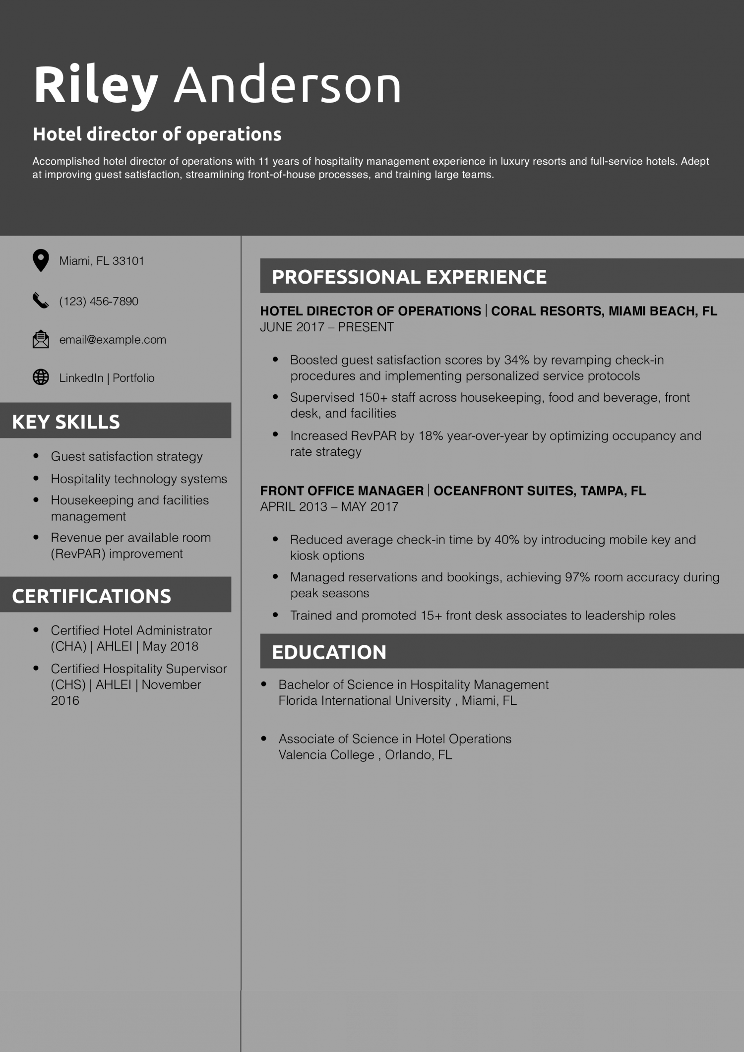 Hotel director of operations resume example 