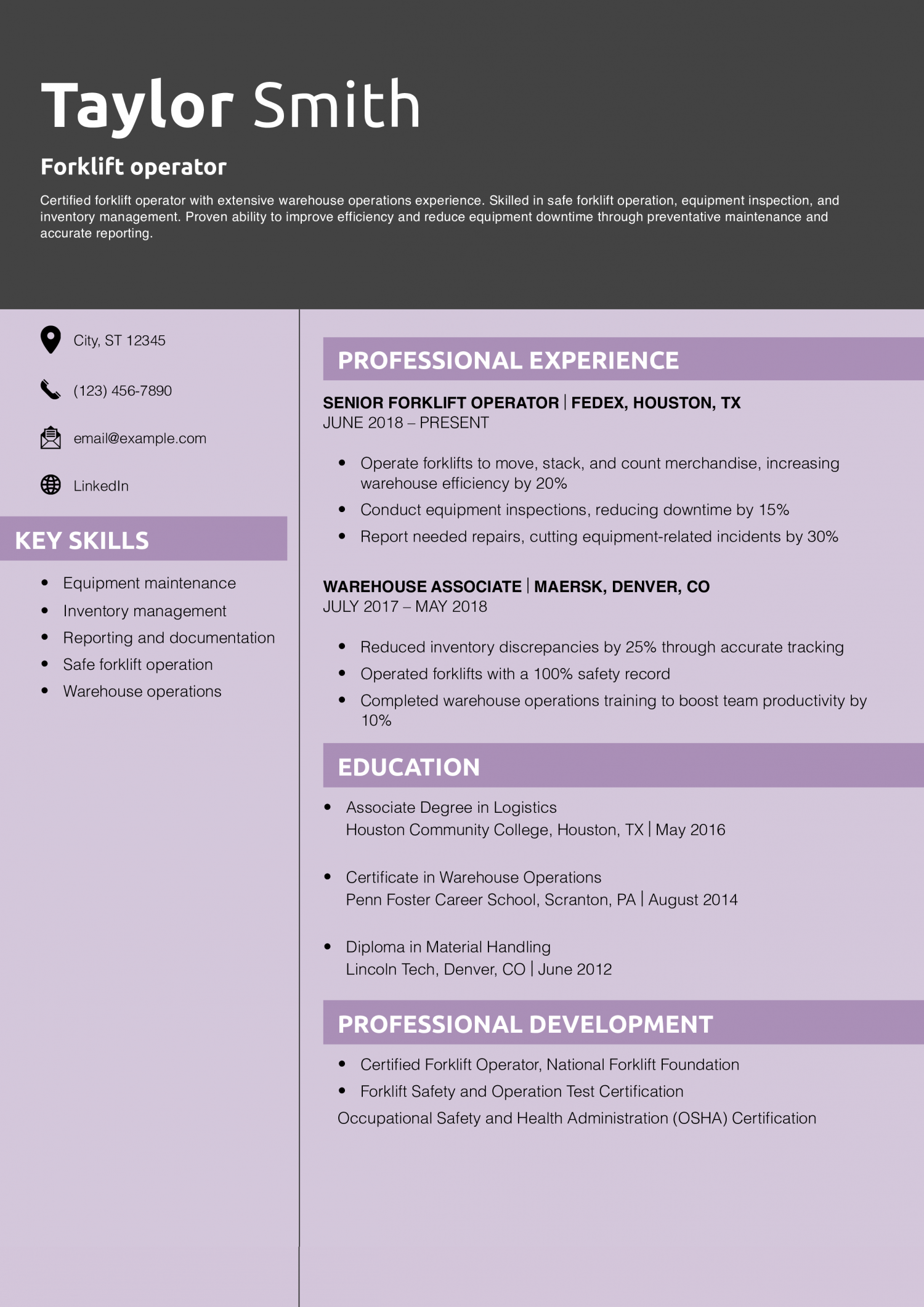 Forklift operator resume example