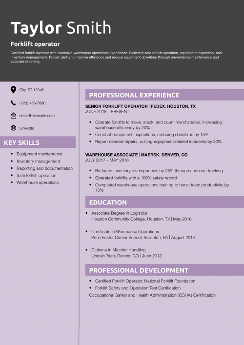 Forklift operator resume example