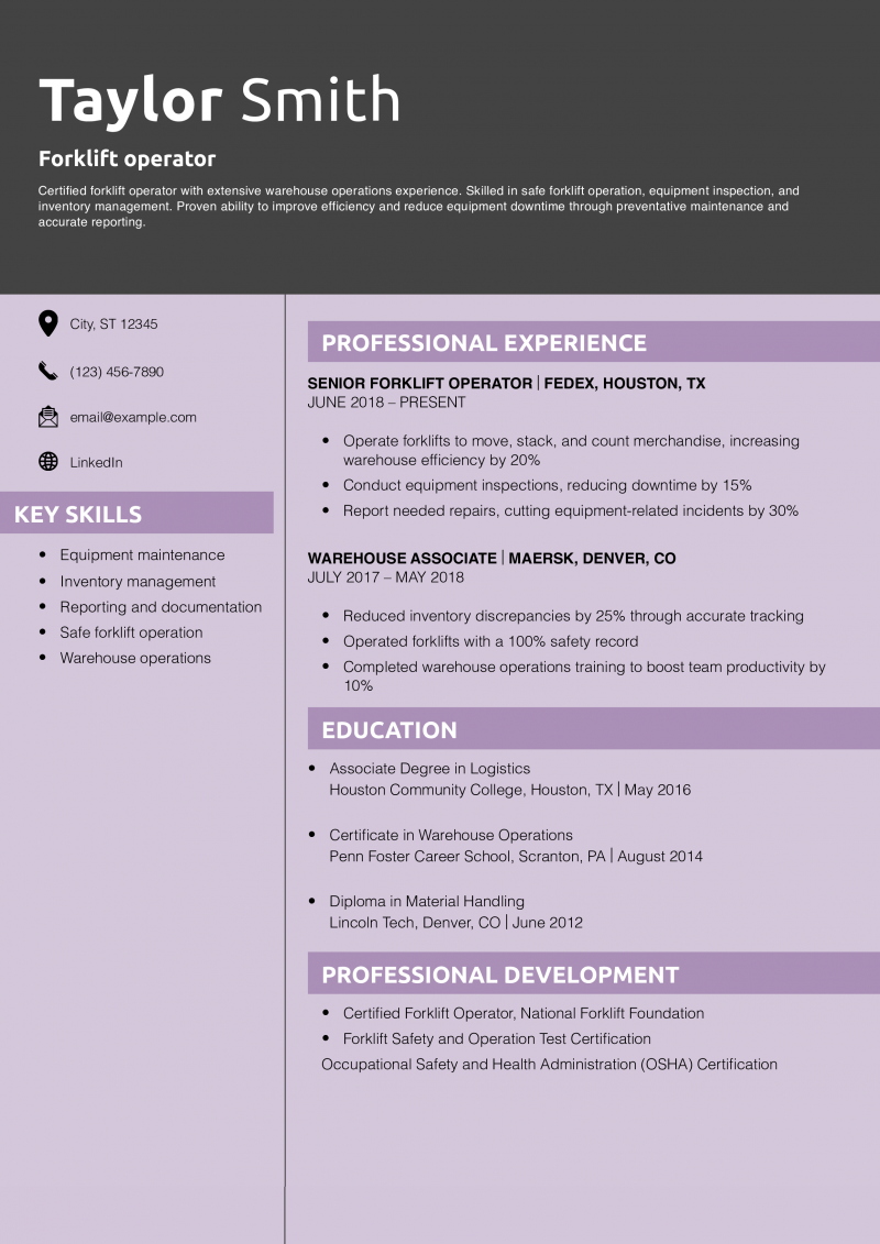 Forklift operator resume example