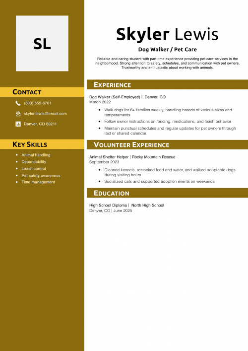 Teenager Resume Example – Dog Walker / Pet Care